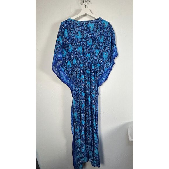 Rujuta Sheth Womens Blue Floral V-Neck Maxi Kaftan Dress M/L Pullover Casual - Picture 2 of 10